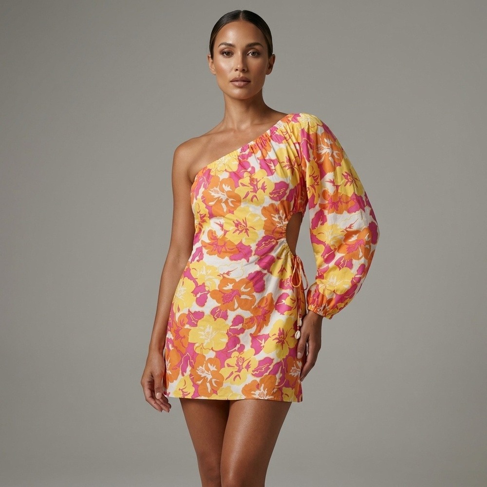 L*Space Kensa One‎ Shoulder Cutout Mini Dress Floral Linen Blend Small NEW